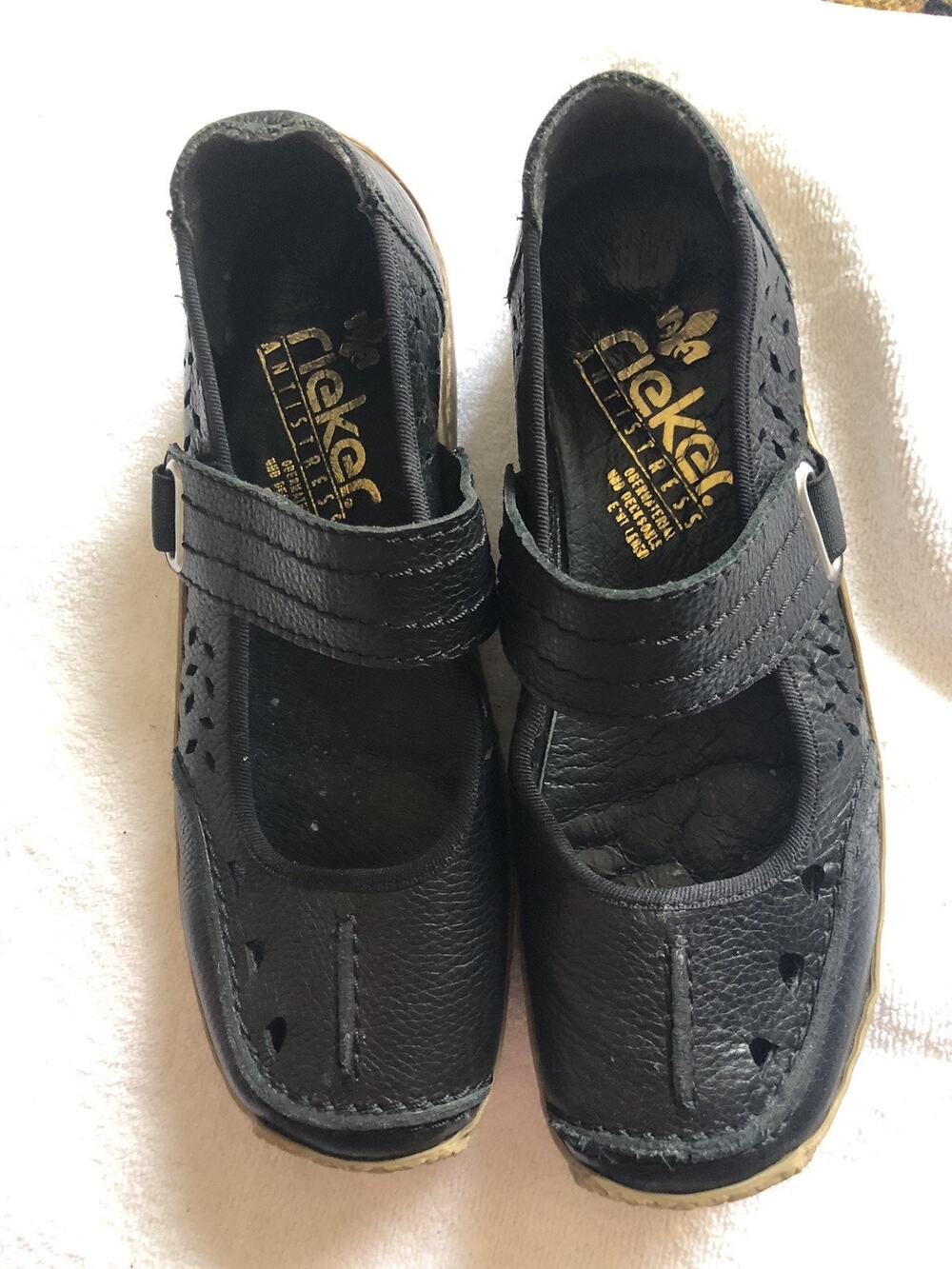 Rieker Anti Stress Black Leather Mary Jane Flats Women's Size 37